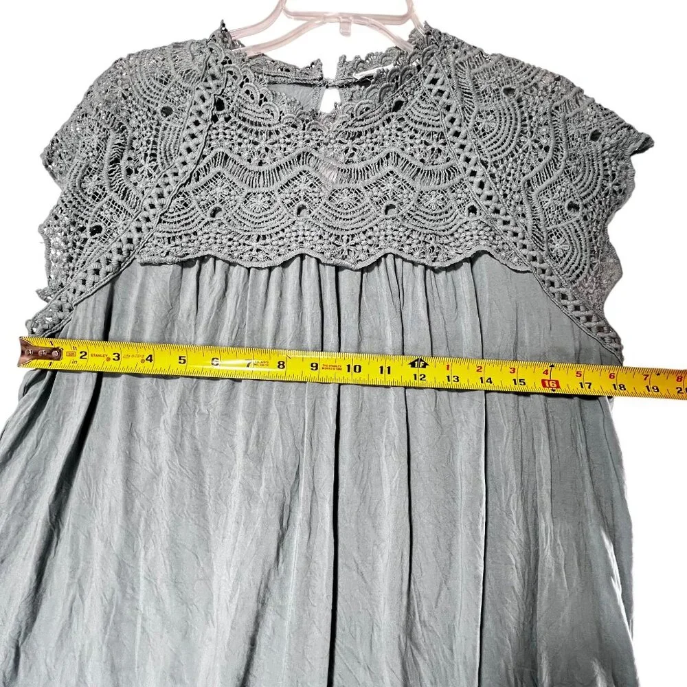 FSL Apparel Green Crochet Lace Yoke Sleeveless Tunic Blouse Top Button Closure - Picture 11 of 12